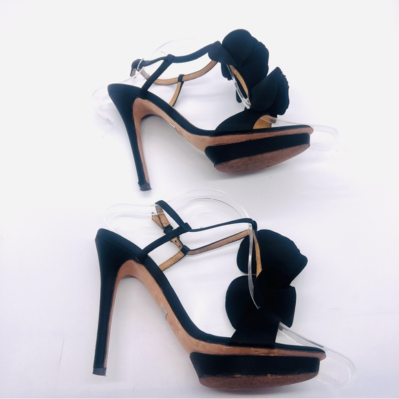 BADGLEY MISCHKA Black Satin Floral Platform Heels Size 7.5 - Picture 3 of 14